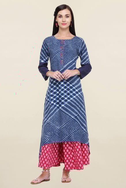 Varanga Navy & Pink Printed Rayon Kurta With Palazzo Varanga Navy & Pink Printed Rayon Kurta With Palazzo