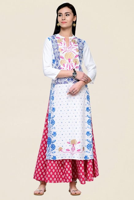 Varanga White & Pink Printed Rayon Kurta With Palazzo Varanga White & Pink Printed Rayon Kurta With Palazzo