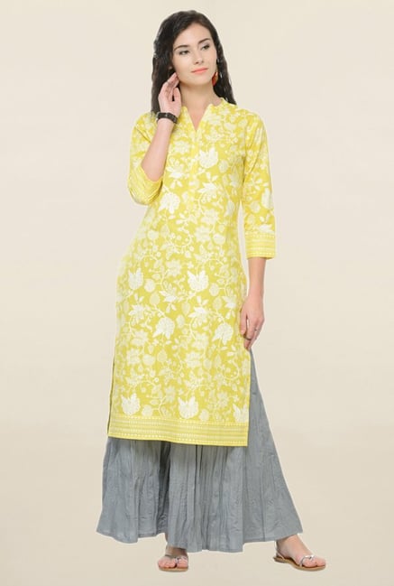 Varanga Yellow Printed Cotton Straight Kurta Varanga Yellow Printed Cotton Straight Kurta