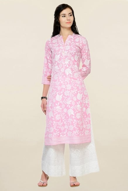 Varanga Pink Printed Cotton Straight Kurta Varanga Pink Printed Cotton Straight Kurta