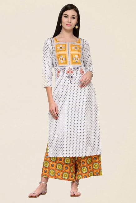 Varanga Off White & Yellow Printed Rayon Kurta With Palazzo Varanga Off White & Yellow Printed Rayon Kurta With Palazzo