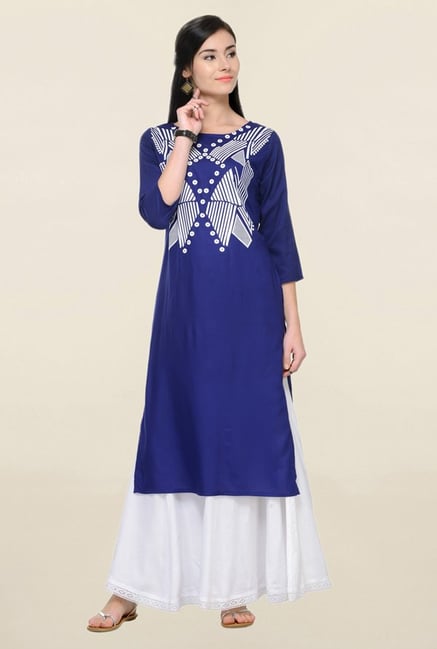 Varanga Blue Printed Rayon Straight Kurta Varanga Blue Printed Rayon Straight Kurta