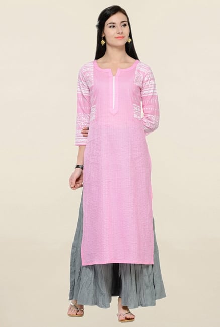 Varanga Pink & Grey Printed Cotton Kurta With Palazzo Varanga Pink & Grey Printed Cotton Kurta With Palazzo