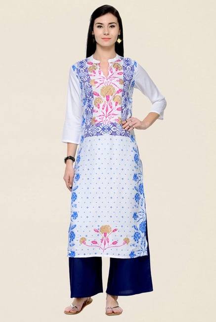 Varanga White & Blue Printed Rayon Kurta With Palazzo Varanga White & Blue Printed Rayon Kurta With Palazzo