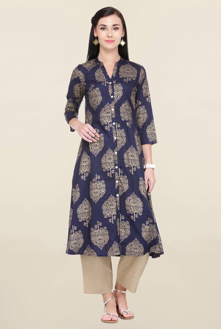 Varanga Navy & Beige Printed Rayon Kurta With Palazzo Varanga Navy & Beige Printed Rayon Kurta With Palazzo