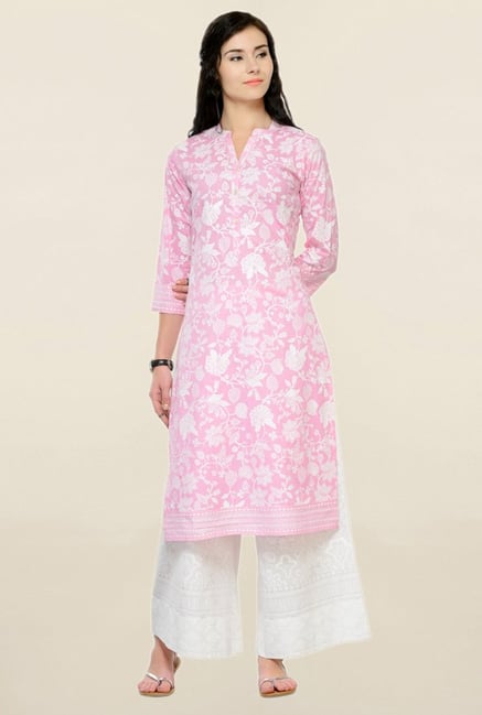 Varanga Pink & White Printed Cotton Kurta With Palazzo Varanga Pink & White Printed Cotton Kurta With Palazzo