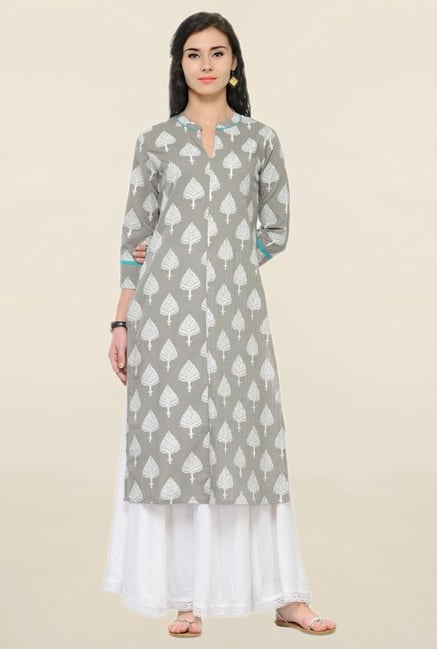 Varanga Grey & White Printed Cotton Kurta With Palazzo Varanga Grey & White Printed Cotton Kurta With Palazzo