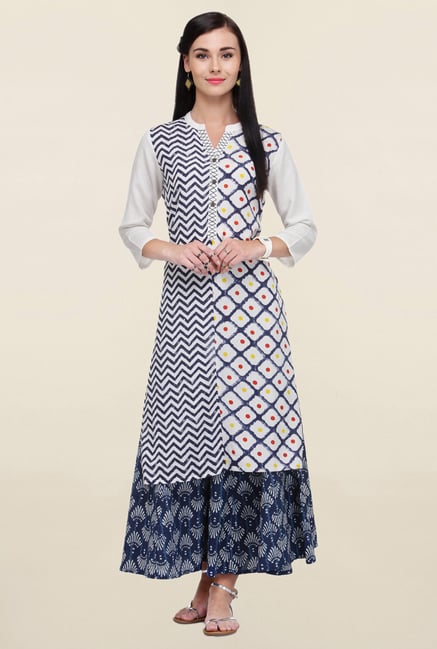Varanga White & Navy Printed Rayon Kurta With Palazzo Varanga White & Navy Printed Rayon Kurta With Palazzo