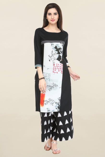 Varanga Black Printed Rayon Kurta With Palazzo Varanga Black Printed Rayon Kurta With Palazzo