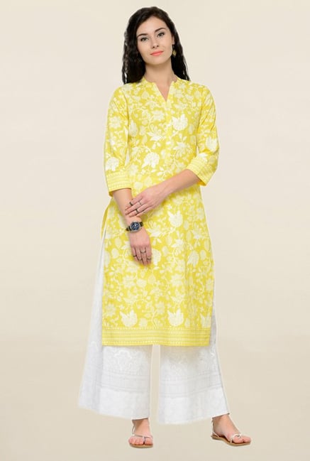Varanga Yellow & White Printed Cotton Kurta With Palazzo Varanga Yellow & White Printed Cotton Kurta With Palazzo