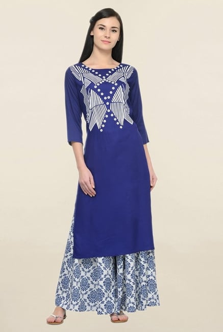 Varanga Blue & White Printed Rayon Kurta With Palazzo Varanga Blue & White Printed Rayon Kurta With Palazzo