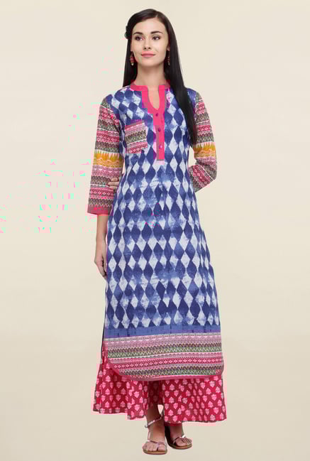 Varanga Blue Printed Cotton Straight Kurta Varanga Blue Printed Cotton Straight Kurta
