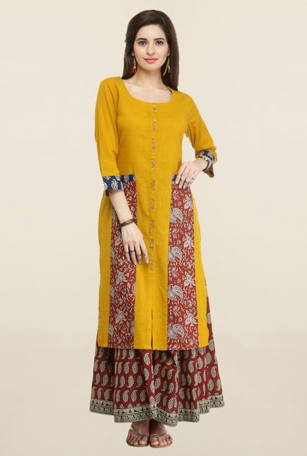 Varanga Mustard Paisley Print Cotton Straight Kurta Varanga Mustard Paisley Print Cotton Straight Kurta