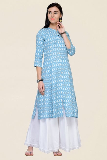 Varanga Blue & White Printed Rayon Kurta With Palazzo Varanga Blue & White Printed Rayon Kurta With Palazzo
