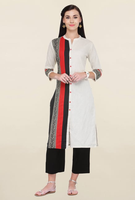 Varanga Off White & Black Printed Rayon Kurta With Palazzo Varanga Off White & Black Printed Rayon Kurta With Palazzo
