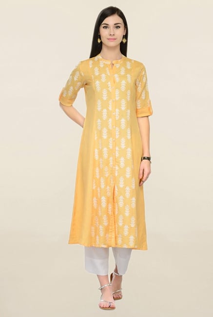 Varanga Yellow & White Printed Rayon Kurta With Palazzo Varanga Yellow & White Printed Rayon Kurta With Palazzo