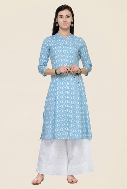 Varanga Blue & White Printed Rayon Kurta With Palazzo Varanga Blue & White Printed Rayon Kurta With Palazzo