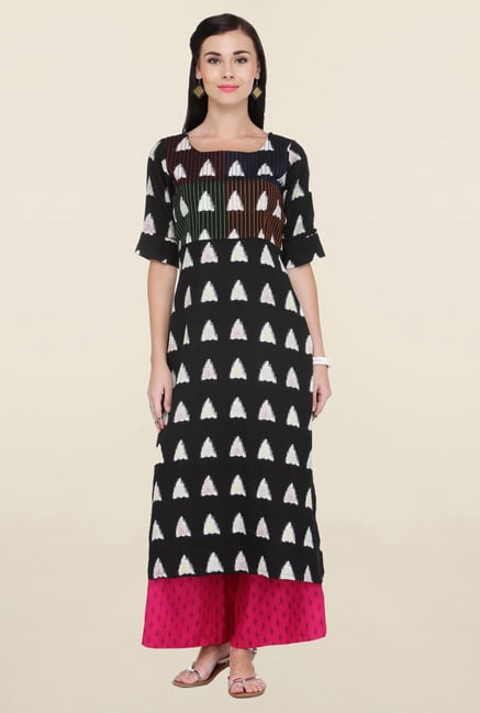 Varanga Black & Pink Printed Rayon Kurta With Palazzo Varanga Black & Pink Printed Rayon Kurta With Palazzo