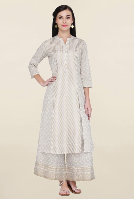 Varanga White Printed Cotton Kurta With Palazzo Varanga White Printed Cotton Kurta With Palazzo