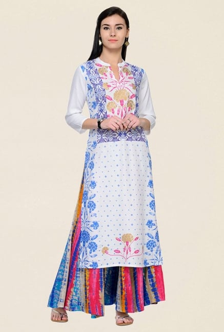 Varanga White & Blue Printed Rayon Kurta With Palazzo Varanga White & Blue Printed Rayon Kurta With Palazzo
