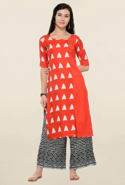Varanga Red & Black Printed Rayon Kurta With Palazzo Varanga Red & Black Printed Rayon Kurta With Palazzo