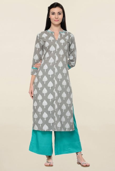 Varanga Grey & Teal Printed Cotton Kurta With Palazzo Varanga Grey & Teal Printed Cotton Kurta With Palazzo