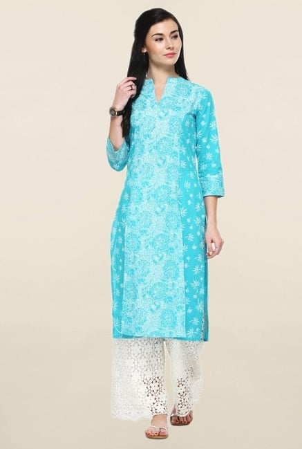 Varanga Blue Printed Cotton Straight Kurta Varanga Blue Printed Cotton Straight Kurta
