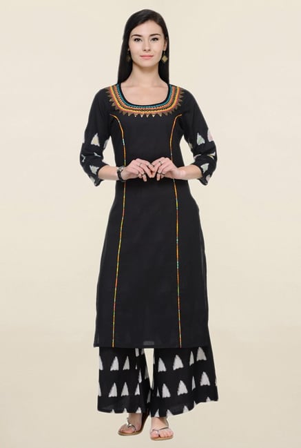 Varanga Black Embroidered Cotton Kurta With Palazzo Varanga Black Embroidered Cotton Kurta With Palazzo