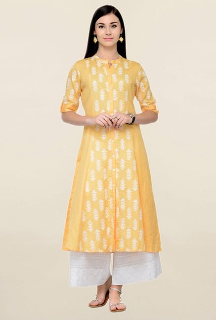 Varanga Yellow & White Printed Rayon Kurta With Palazzo Varanga Yellow & White Printed Rayon Kurta With Palazzo