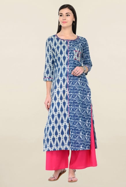 Varanga Blue & Pink Printed Cotton Kurta With Palazzo Varanga Blue & Pink Printed Cotton Kurta With Palazzo