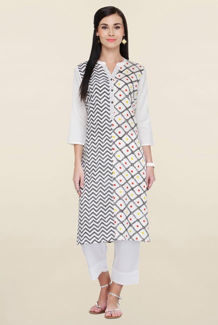 Varanga White & Grey Printed Flex Rayon Straight Kurta Varanga White & Grey Printed Flex Rayon Straight Kurta