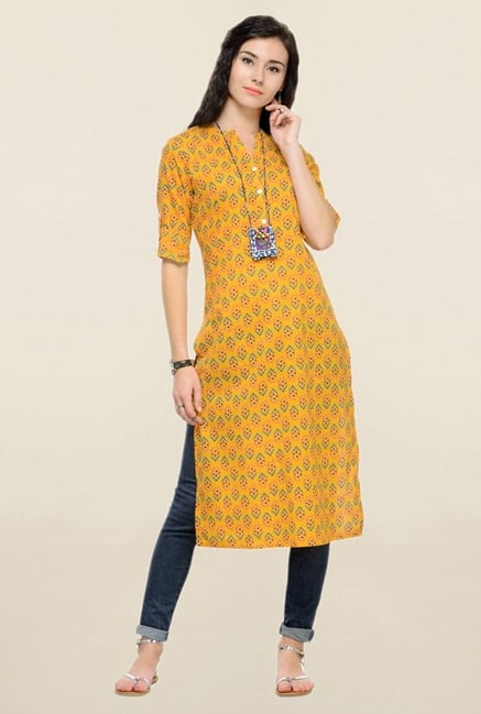 Varanga Mustard Printed Cotton Straight Kurta Varanga Mustard Printed Cotton Straight Kurta