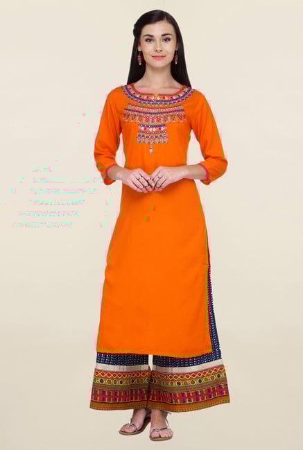 Varanga Orange & Navy Embroidered Rayon Kurta With Palazzo Varanga Orange & Navy Embroidered Rayon Kurta With Palazzo