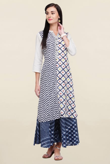 Varanga White & Navy Printed Rayon Kurta With Palazzo Varanga White & Navy Printed Rayon Kurta With Palazzo