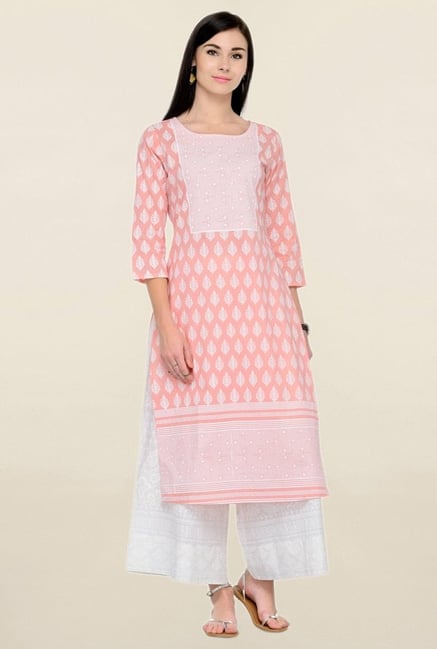 Varanga Peach Printed Cotton Straight Kurta Varanga Peach Printed Cotton Straight Kurta