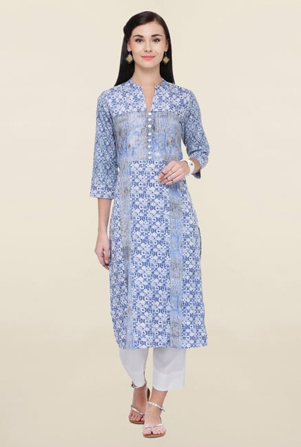 Varanga Blue & White Printed Rayon Kurta With Palazzo Varanga Blue & White Printed Rayon Kurta With Palazzo