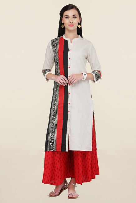 Varanga Off White & Red Printed Rayon Kurta With Palazzo Varanga Off White & Red Printed Rayon Kurta With Palazzo