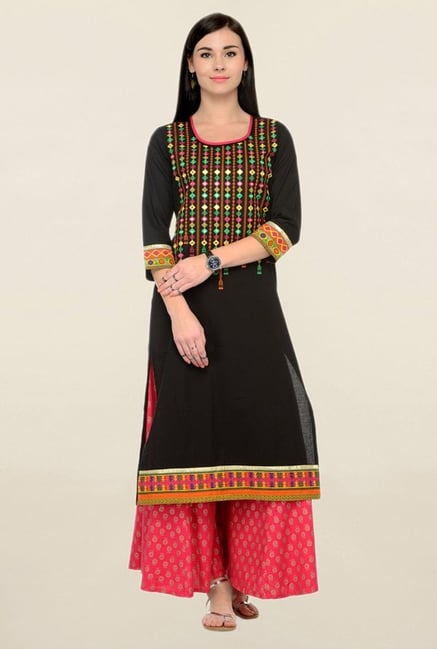 Varanga Black & Pink Embroidered Cotton Kurta With Palazzo Varanga Black & Pink Embroidered Cotton Kurta With Palazzo