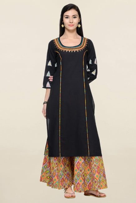 Varanga Black & Yellow Embroidered Cotton Kurta With Palazzo Varanga Black & Yellow Embroidered Cotton Kurta With Palazzo