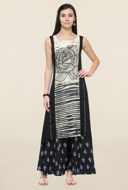 Varanga Black Floral Print Rayon Kurta With Palazzo Varanga Black Floral Print Rayon Kurta With Palazzo