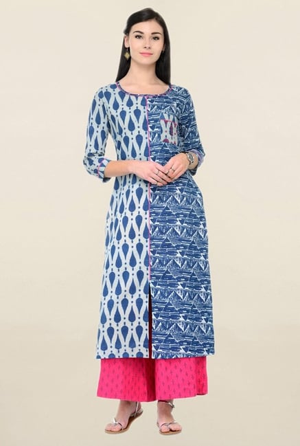Varanga Blue & Pink Printed Cotton Kurta With Palazzo Varanga Blue & Pink Printed Cotton Kurta With Palazzo