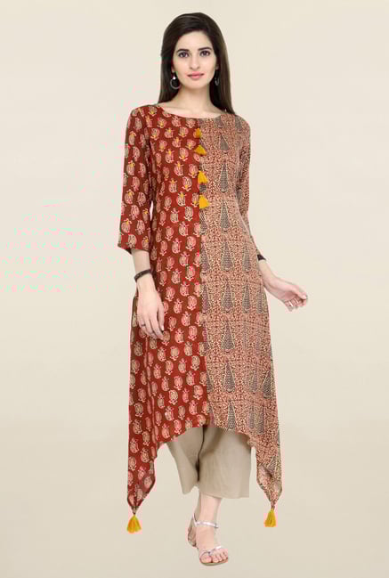Varanga Maroon & Beige Printed Rayon Kurta With Palazzo Varanga Maroon & Beige Printed Rayon Kurta With Palazzo