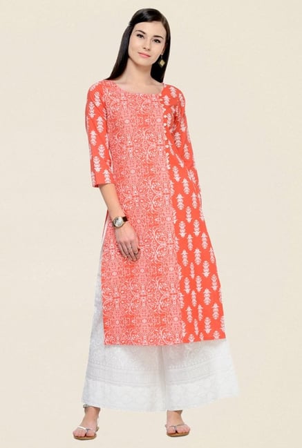 Varanga Orange & White Printed Cotton Kurta With Palazzo Varanga Orange & White Printed Cotton Kurta With Palazzo