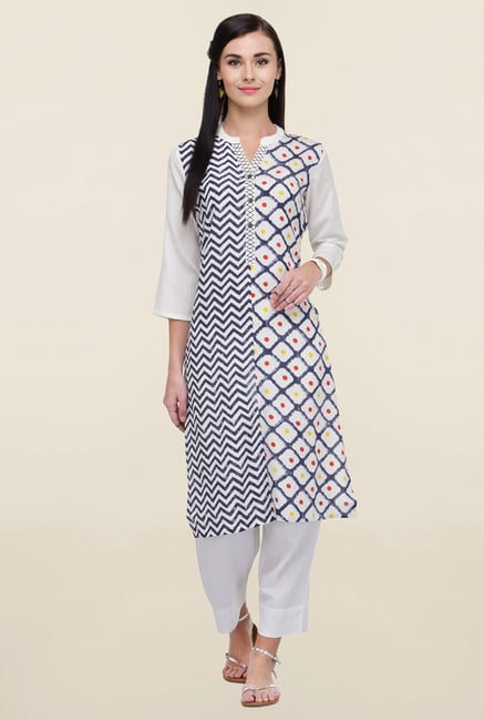 Varanga White Printed Rayon Kurta With Palazzo Varanga White Printed Rayon Kurta With Palazzo