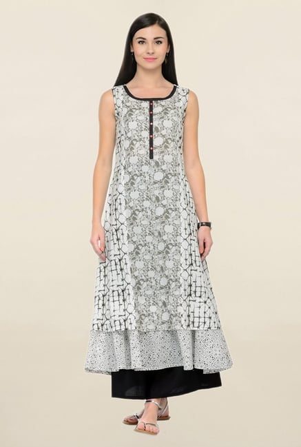 Varanga Off White & Black Printed Cotton Kurta With Palazzo Varanga Off White & Black Printed Cotton Kurta With Palazzo