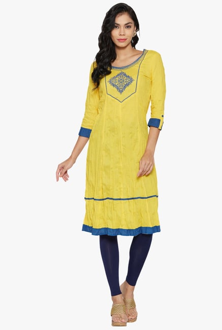 Globus Yellow Embroidered Cotton Kurta Globus Yellow Embroidered Cotton Kurta