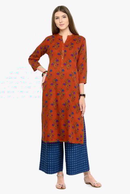 Varanga Rust & Blue Printed Cotton Kurta With Palazzos Varanga Rust & Blue Printed Cotton Kurta With Palazzos