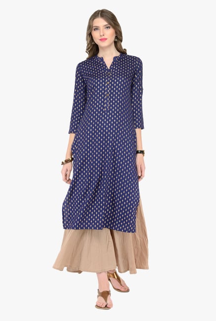 Varanga Navy & Beige Printed Kurta With Palazzos Varanga Navy & Beige Printed Kurta With Palazzos