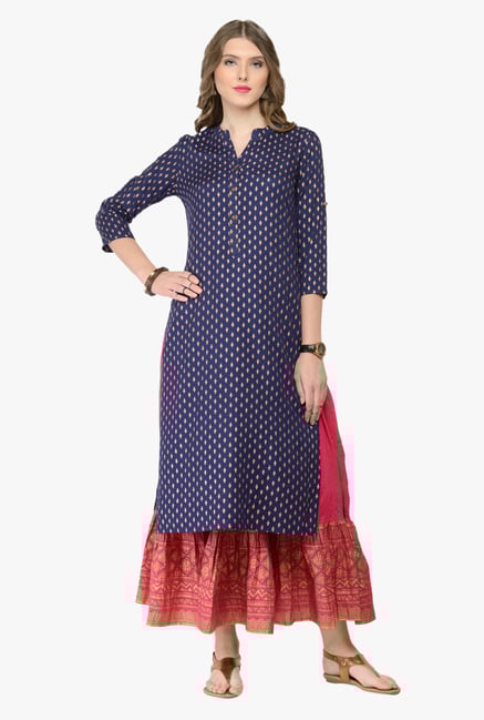 Varanga Navy & Pink Printed Kurta With Skirt Varanga Navy & Pink Printed Kurta With Skirt