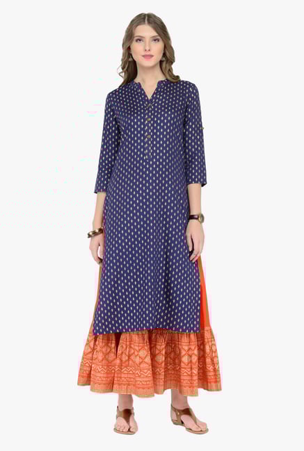 Varanga Navy & Orange Printed Kurta With Skirt Varanga Navy & Orange Printed Kurta With Skirt